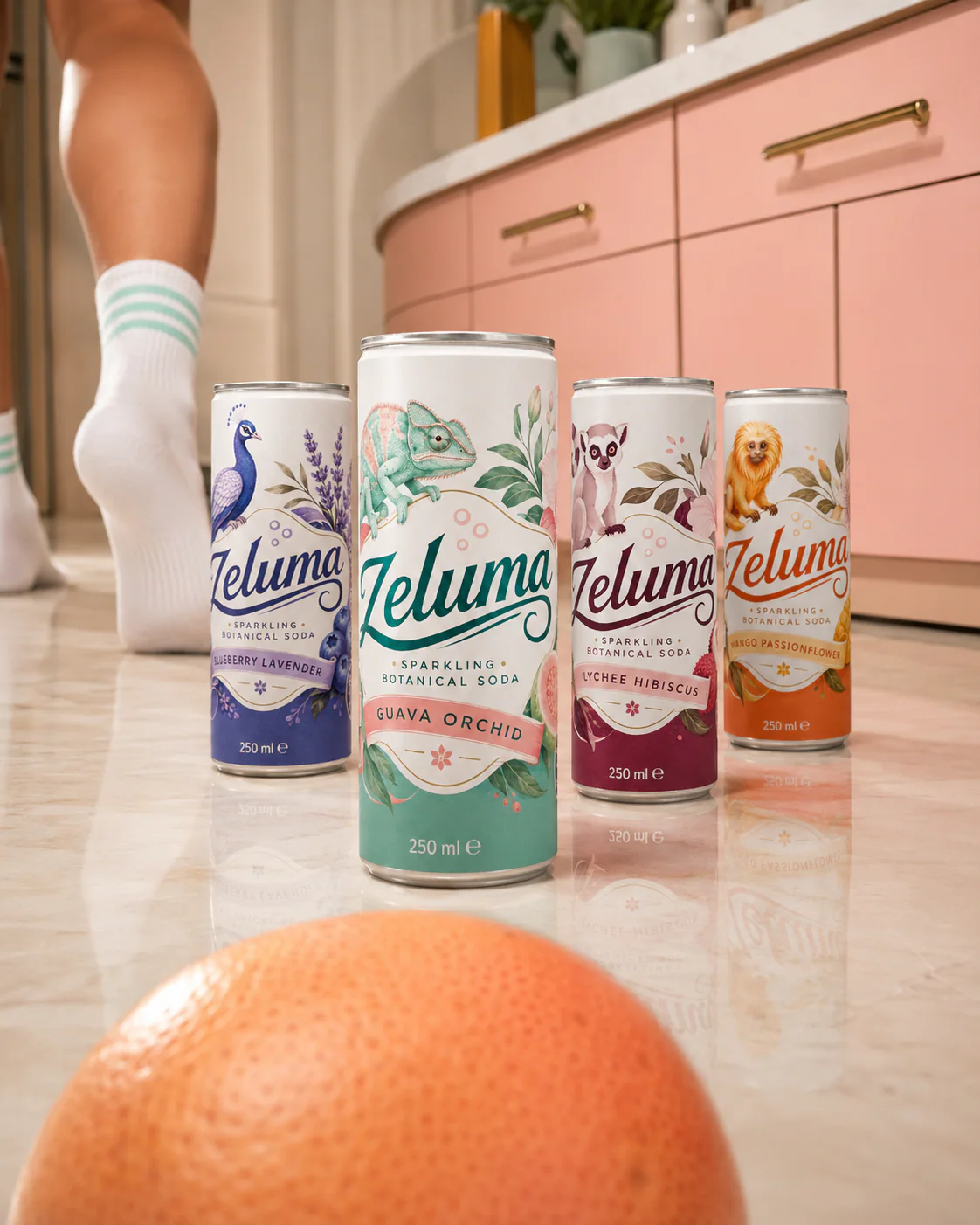 All four Zeluma flavors in a colorful kitchen